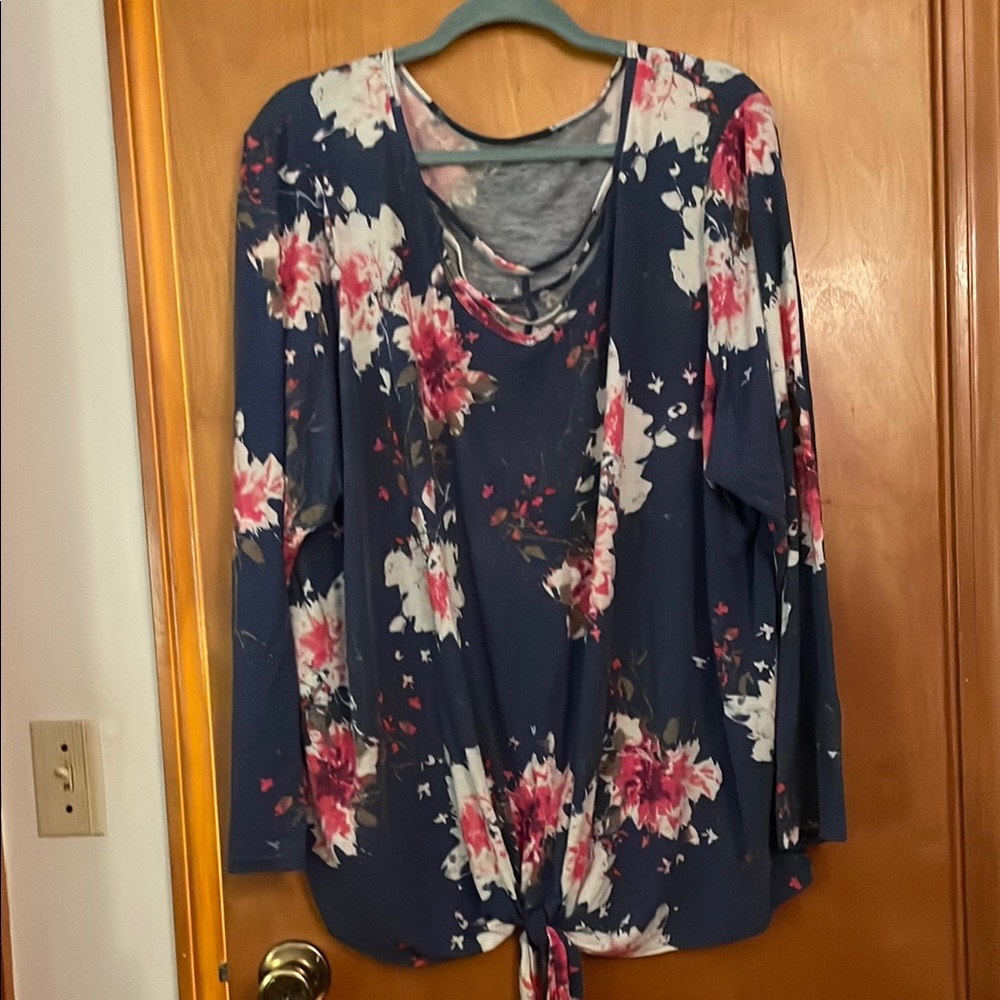 Blue and Pink Tie Front Blouse with Long Sleeves